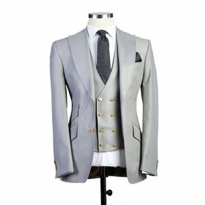 tailored Smoking Grey Men Suit Slim Fit 3 Piece Peaked Lapel Tuxedo Groom Wedding Suits Jacket Prom Blazer Terno Masculino 35dO#
