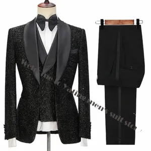 أحدث معطف بانت التصاميم FI بدلات الرجال السوداء اللامعين لحفل الزفاف Tuxedos Slim Fit Terno Masculino Party 3 قطع 02ca#