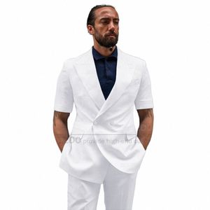 fi białe mężczyzn zestawy garnitury Casual Party Blazer Spodnie 2 sztuki Wedding Dost-Fit Elegancka Elegancka Kurtka z krótkim rękawem Tuxedo G7v6#