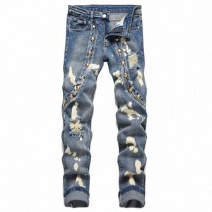 men's Y2K Rivet Patchwork Ripped Jeans Slim Elastic Pencil Denim Pants Casual Cott Trousers Streetwear Motorcycle Design c4Kl#