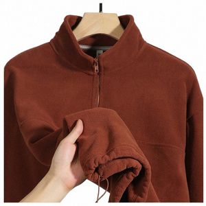 double Side Fleece Warm Pullovers Half Zipper Turtleneck Sweatshirt For Men Solid Drawstring Hem High Street Jackets Male Tops c6T4#