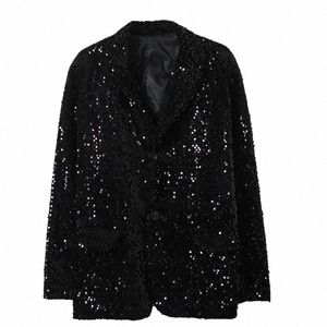 Siyah Pullu Şinny Gömlek Men için Sıradan Blazer Düğün Takımları Erkekler İçin Partisi Partisi Gece Kulübü Kemezi Homme Disco Camisas X3ry#