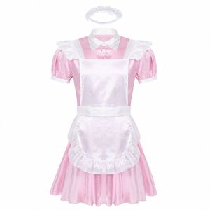 Mens Sissy Maid Cosplay Costume Puff Sleeve Satin French Apr Servant Babydoll Dr Rollplay Gay Crossdr Uniform Nightwear S22V#