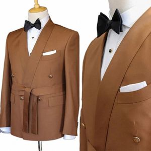 brown Men Suits Blazer Double Breasted Formal Ocn Busin Outfits Regular Length 2 Piece Jacket Pants Male Clothing 2024 S7vU#