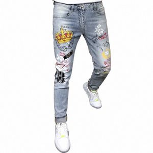 crown Printing Skinny Jeans Men Joggers White Skinny Jeans Men Spring 2021 Man Jeans Brand New Slim Fit Casual Denim Harem Pants u6BY#