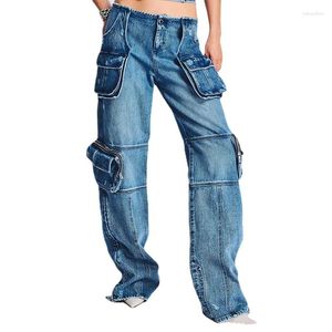 Women's Jeans 2024 Spring Fashion High Street Design Sense Pocket Stitching Tooling Wind Waist Straight Denim Library Pants Woman