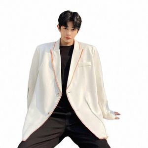 2024秋の韓国スタイルのパレスアライズされたカラフルなエッジデザインスーツ男性カジュアルルーズブラックホワイトブレザー用M-XL R6xy＃