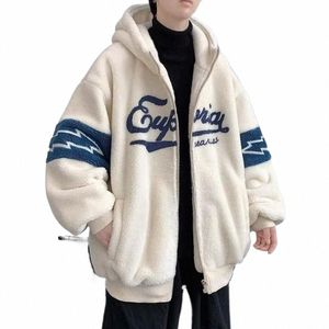 men Coat Men's Thick Letter Print Hooded Coat with Zipper Closure Pockets Warm Winter Cardigan Jacket for Cold Resistance Mid i7ts#