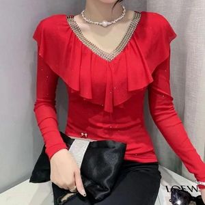Women's T Shirts 2024 Slim Clothing Patchwork Long Sleeve Tops Spring Autumn Thin Casual Interior Lapping Pullovers Ladies T-Shirts