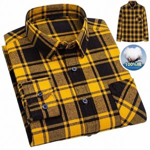 large 6XL Men's 100% Cott Flannel Brushed Plaid Shirt N-ir Wrinkle Resistant Lg Sleeve Fi Slim Fit Busin Casual d2ep#