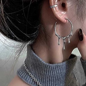 Charm 2023 Yeni Punk Gotik Gümüş Renkli Lav Damlası Şekli Düzensiz Büyük Çember Küpeler Kadınlar Moda Moda Kore Sıvı Metal Takı Y240328