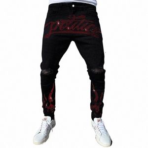 y2k Men Stretchy Ripped Skinny Black Jeans Slim High Quality Hole Trousers Aesthetic Rhinestes Streetwear Denim Pencil Pants Q1Og#