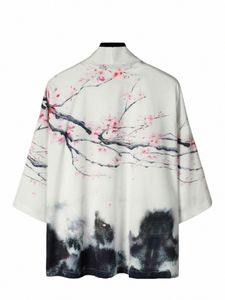 2024 Summer Streetwear Kimo Cardigan Print Men Japońskie swobodne koszulę oversize mężczyźni Hawajska koszula Harajuku y2k azjatycka cosplay K4R6#