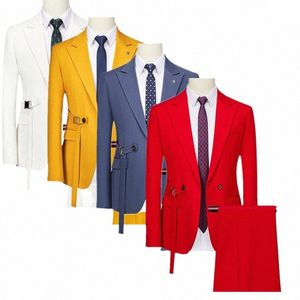 FI Design Red Suit 2 -częściowy zestaw Męski Wedding Busin Dr Kurtka z spodniami żółty niebieski biały kostium Homme 6xl 232b#