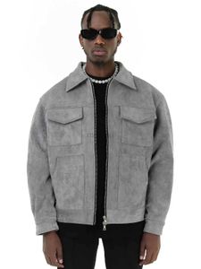 Herren Leder Kunstleder Vintage High Street Wildleder Material Crock Jacke mit Reißverschluss Revers lässige kurze Jacke für Männer 240330