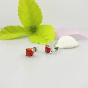 Stud Earrings 1 Pair 925 Sterling Silver Four-Claw OP45 Fire Red 6mm Round Cabochon Opal Wholesale Price