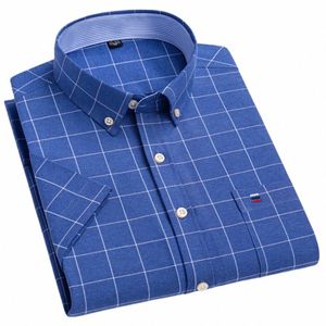 Camisa masculina Fi versátil de manga curta Oxford com bolso no peito único ajuste regular confortável Cott xadrez listrado camisas casuais 03zR #