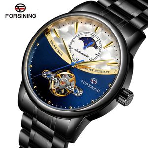 ForSini Steel Band Men's Business helautomatiska mekaniska med transparent botten Hollow out Watch 8179