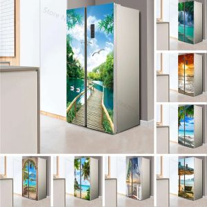 Adesivos vista do lago cenário geladeira adesivo capa de porta completa pvc à prova dwaterproof água para armário armário cozinha geladeira mural foto papel de parede