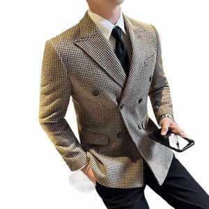 Dubbelbröstade mäns blazer Högkvalitativ Houndstooth -jacka Autumn Winter Tjock Slim Form Formal Blazer Jackets and Coats L7i5#