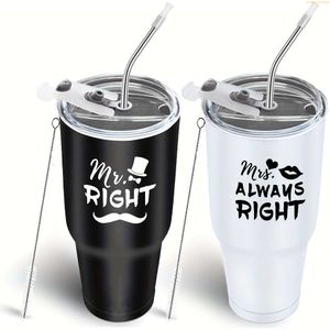 1 Pair, Mr. Mrs. Alwas Right Tumbler Set, 30oz Stainless Steel Water Bottles, Wedding Engagement Gifts for Husband Wife Newlwed Couples Bride Groom