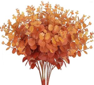 Flores decorativas 3 pçs flor artificial falso eucalipto folhas ramos granel outono laranja falso vegetação hastes