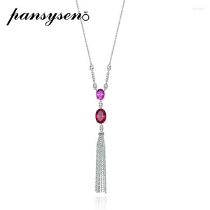 Pendants PANSYSEN Vintage 925 Sterling Silver 10 14mm Ruby Long Tassel Pendant Necklaces For Women Wedding Party Fine Jewelry Wholesale