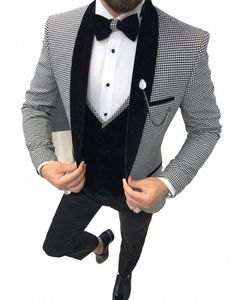 Houndstooth kontrol takım elbise ceket veeten yelek siyah pantolon şal yaka blazer pantolon erkek setleri parti giymek erkekler düğün kıyafeti j9b6#