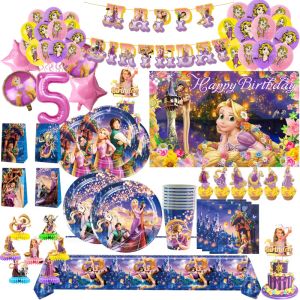 Escovas emaranhadas Rapunzel Princesa Fontes de festa Utensílios de mesa Copo de papel Prato Guardanapo Banner Chá de bebê Balão Decoração de festa de aniversário