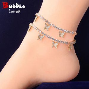 Bubble Letter Feet Jewelry for Women Tennis Chain Fjäril Anklets Real Gold Plated Hip Hop Jewelry Justerbara Charms 240323