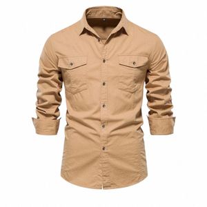 AIOPESON 2023 새로운 가을 군용 스타일 100% 코트 포켓 셔츠를위한 단색 슬림 캐주얼 남자 셔츠 lg 슬리브 r5qw#