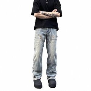 Amerikan Sokak Giyim Çift Diz Günlüğü Tulumlar Erkek İlkbahar ve Sonbahar Kot Hafif Mavi Düz Bacak Pantolon Temizlik Çar Jean B180#