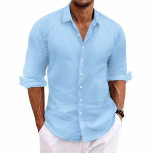 men's Linen Lg-Sleeved Shirts Spring Autumn 100%Cott Solid Color Turn-down Collar Casual Style Plus v8bi#