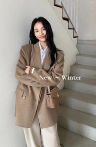 Women's Jackets Women Middle Length Suit Collar Fashion Woolen Coat With Scarf Casual Office Suits Loose Wool Jacket For Spring Autumn 2024