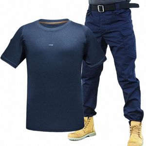 summer Quick Drying Sets Men Military Breathable Short Sleeve Tshirts+Army Multi-pocket Waterproof Cargo Pants Blue Tactical Set N9iT#