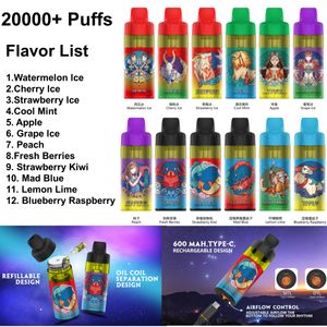 2024 Ny ankomst SUNFIRE DTL/MTL 600mAh Uppladdningsbart batteri 30 ml E Liquid Open System Refillerbar POD Bar upp till 20000 puffs 20K Hokah enorma ångpenna engångsvapen EU