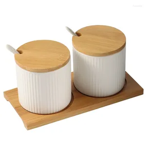 Bottiglie di stoccaggio YO-Barattolo di zucchero in ceramica con coperchi e cucchiai Barattoli per condimenti per la cucina domestica Contenitore per tè e caffè Spezie bianco