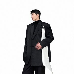 Avtagbar vit Ribb Suit Coat Men Space Cott Loose Casual Streetwear Fi Show Blazers Suit Jacket Male Scen Clothing L1an#