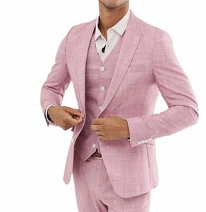 Розовые льняные летние свадебные костюмы для мужчин Slim Fit Fi Жених смокинги на заказ 3-х частей куртка + брюки + жилет Terno Masculino F9GL #