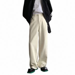 Baggy Beige Jeans Uomo Fi Casual oversize Jeans gamba larga Uomo Streetwear Coreano Pantaloni larghi in denim dritto Pantaloni uomo J4dL #