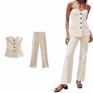 Trafza 2024 Spring Women Vintage Solid Suits Single Breasted Strapl Slim Vests+Zipper LG Vent Pants fi Women Suit P9um#