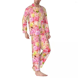 Hemkläder rosa blommor tryck pyjamas mens rose trädgård söt rum nattkläder höst 2 stycken casual lös överdimensionerad design pyjamas uppsättningar