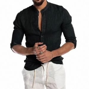 new Men's Fi Casual Solid Color Shirt Pullover Butt Linen Cott Comfortable Daily Top Lg Sleeve Shirt x2IH#