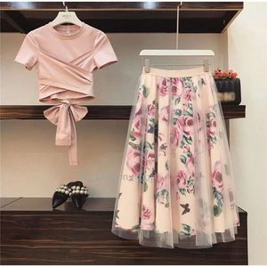Floral Print Women T Shirt+mesh Skirt Suits Bowknot Vintage Two Piece Sets Elegant Woman Skirt 2019 Summer Girl Tees Tops Female 533