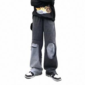 2022 Dark Streetwear Patchwork Workowate mężczyźni Grunge Dżinsy Zakresy Otwór Hip Hop Prosty luźne dżinsowe spodnie Pantales Hombre C4d7#