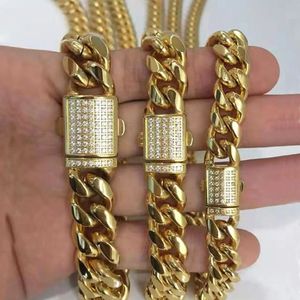 10mm 12mm 14mm Men Women Cuban Link Chain Necklace Bracelet Curb Choker Chains Jewelry CNC Cubic Zirconia Box Clasp 316L Stainless3416