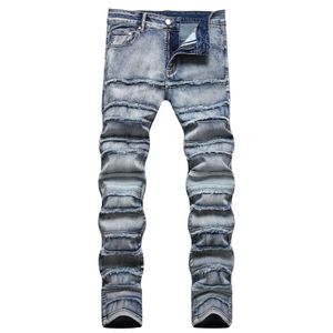 Mäns jeans Rock Retro Blue Mens Skinny Cotton Denim Pants Patchworks Spliced ​​Frayed Jeans för Male J240328