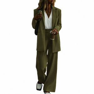 women Busin Casual Suit Sets Solid Color Lg Sleeve Blazer Coat & Straight Trousers Set Office Lady Blazer Suit V9Li#