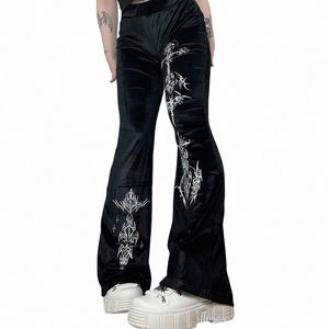 Estilo gótico feminino Veet Impresso Flare Pants Dark God Element Calças de cintura alta CF23652SK s9Jn #