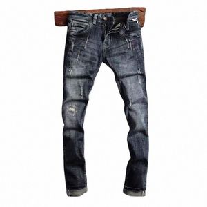 newly Designer Fi Men Jeans Retro Black Blue Elastic Slim Fit Frayed Ripped Jeans Men Vintage Casual Denim Pants Hombre W8Ee#